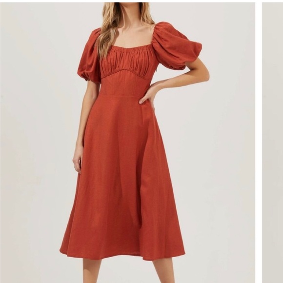 ASTR The Label Linen Terra Cotta Puff Sleeve Midi Dress - Size S - Picture 1 of 10